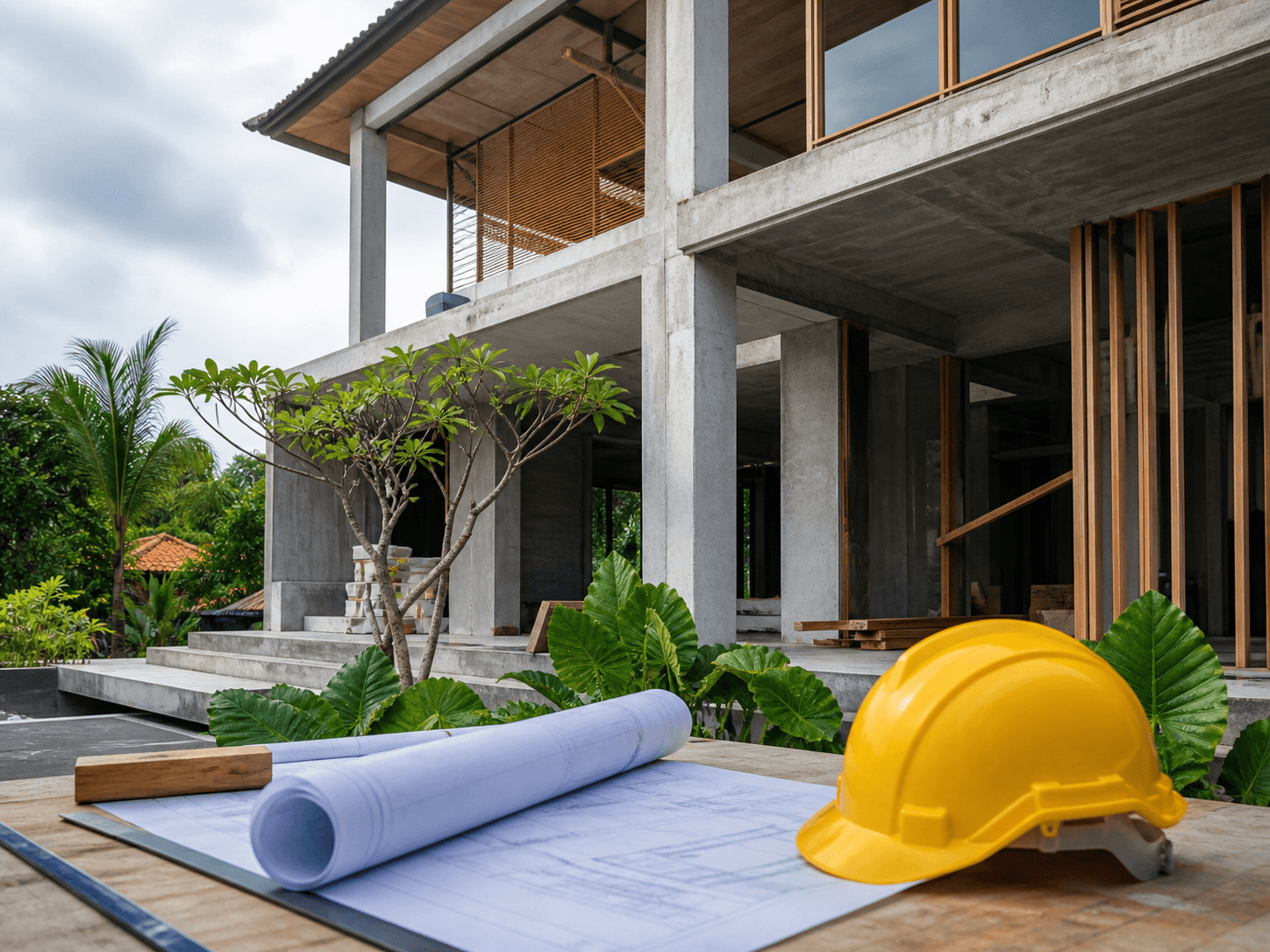 Rumah tropis modern dalam pembangunan dengan gambar kerja di area proyek.