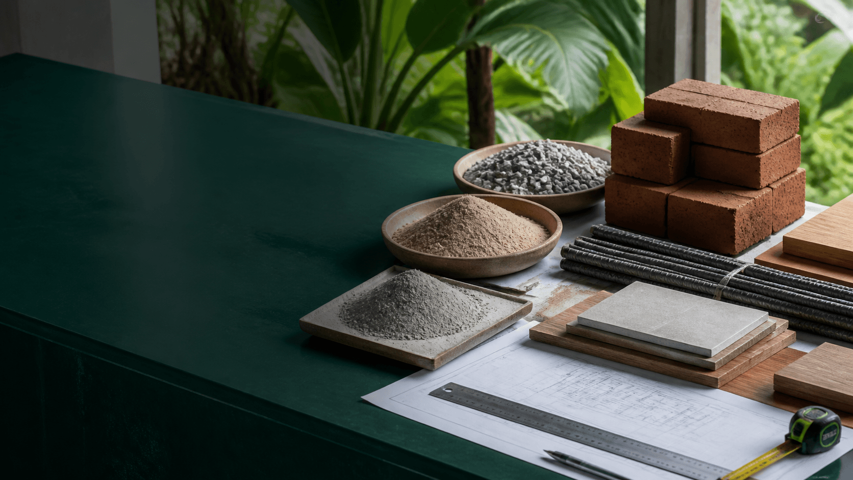 Sampel material konstruksi tersusun di atas meja kerja bersama gambar rencana.
