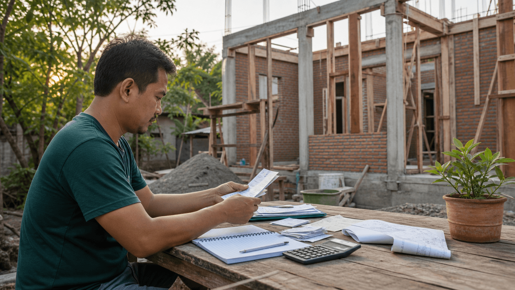 Pemilik rumah mencatat biaya pembangunan mandiri di depan rumah yang sedang dikerjakan.